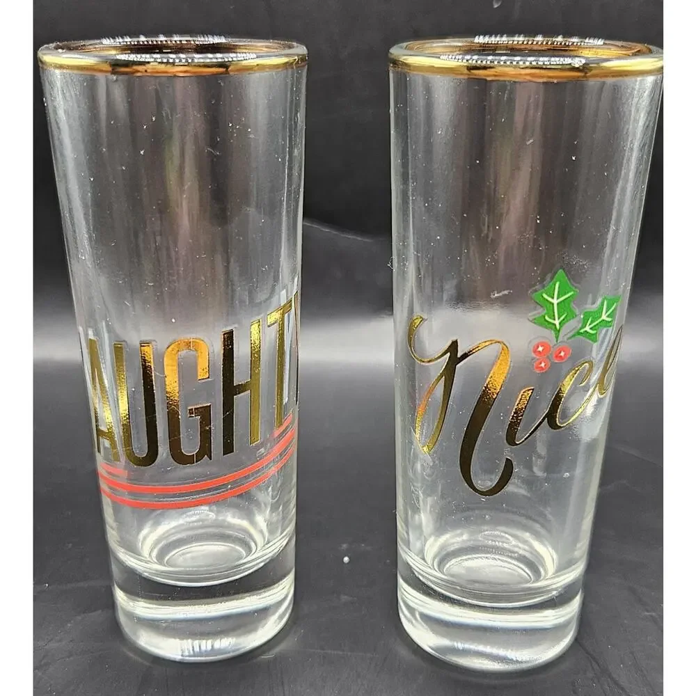 Pottery Barn Naughty & Nice Christmas Shot Glasses Gift Set Gold Rim BarWare